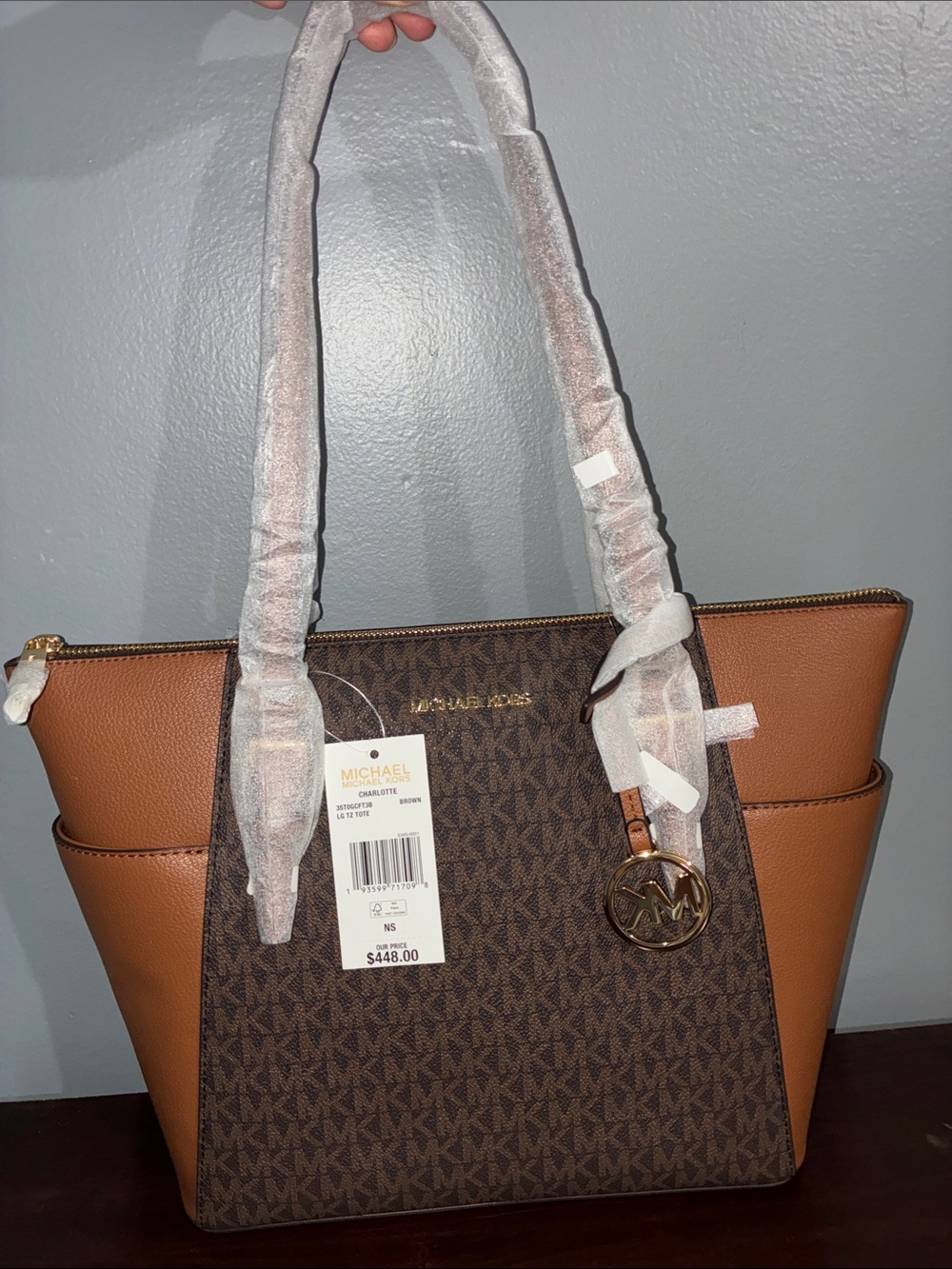 NWT Michael Kors Brown Monogram & Cognac Tote. $448
